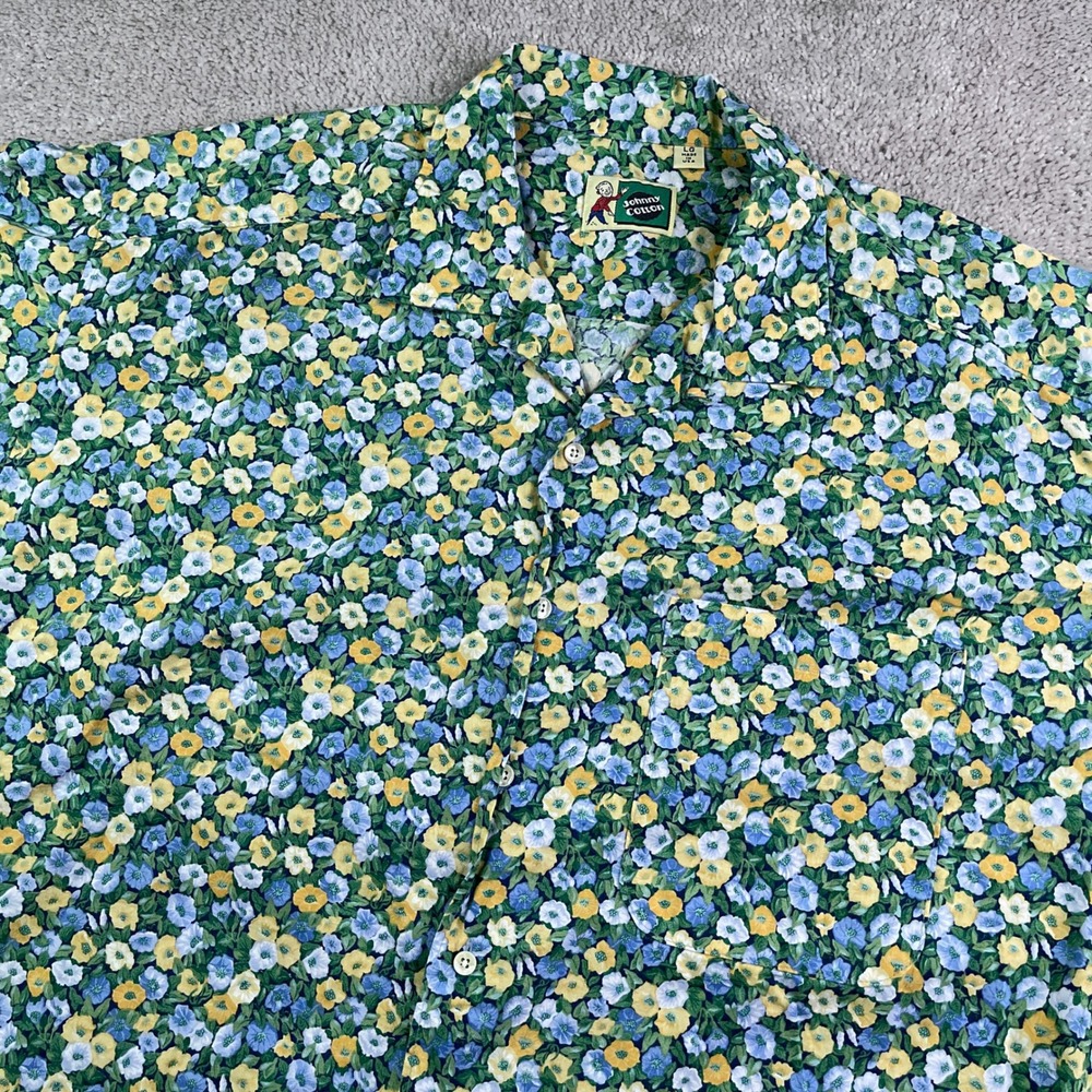 Vintage Johnny Cotton Shirt Men Large Green Floral Camp Short Sleeve Loop Collar